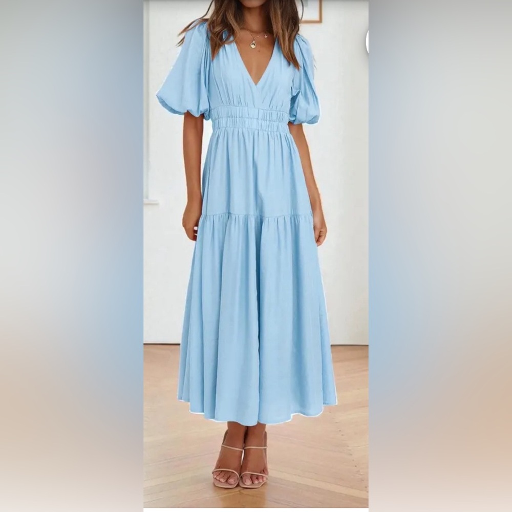 Light Sky Blue Midi dress with puff sleeves, v-neck, and elastic waist